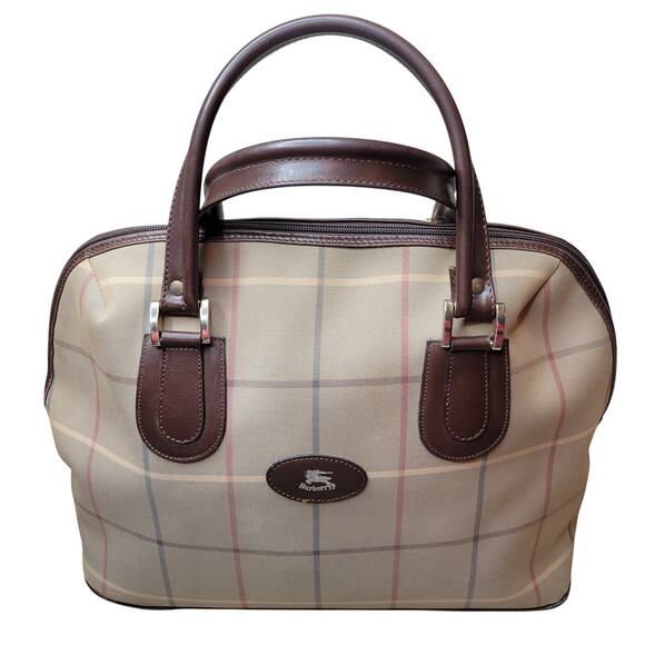 VTG 80s Authentic Burberry Tan Plaid Fabric Leather Dome Satchel Handbag England
